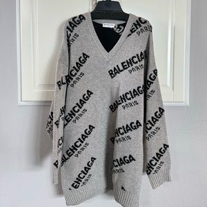 Balenciaga Grey All Over Logo Knit V-neck Size40